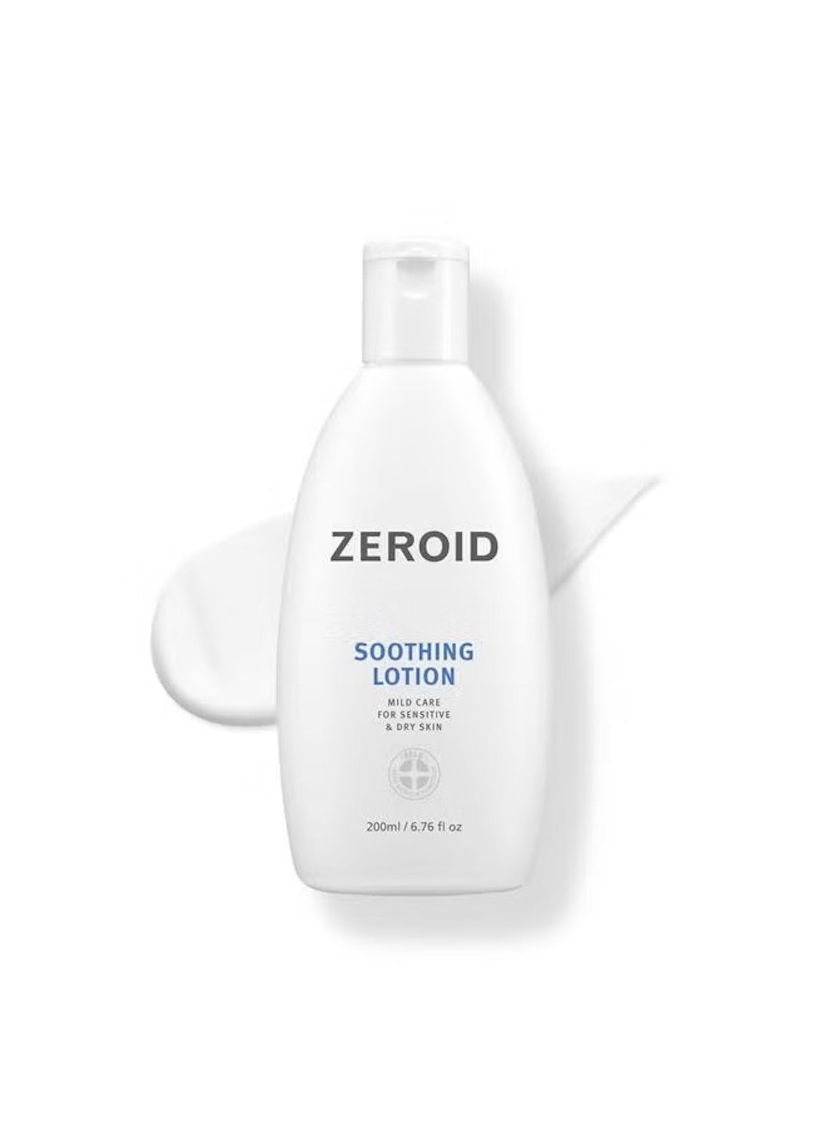 Zeroid soothing lotion for sensitive skin in a 200ml bottle with creamy texture