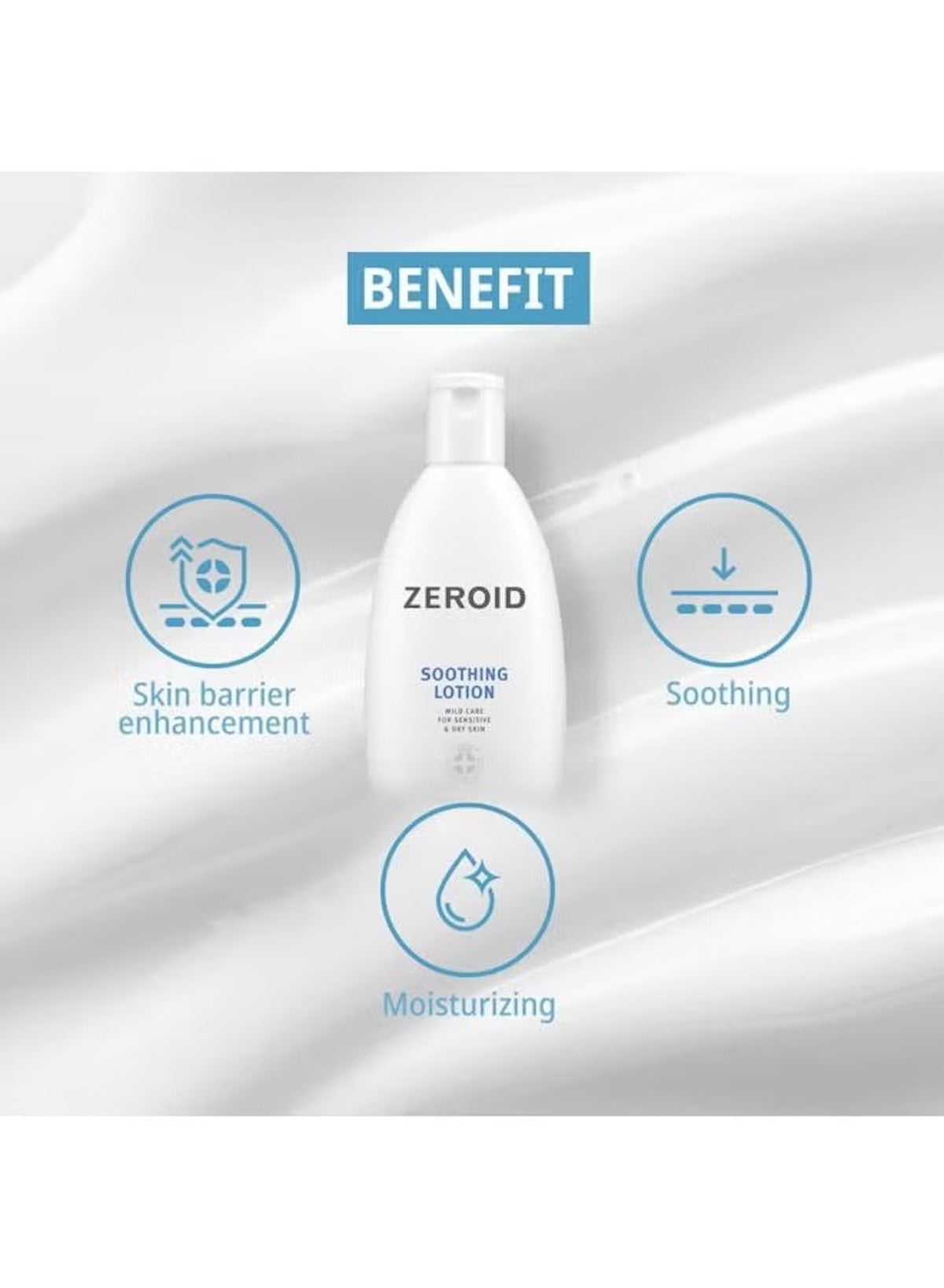 Zeroid soothing lotion for sensitive skin in a white bottle with moisturizing and soothing benefits