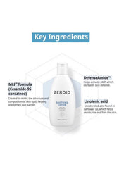 Zeroid soothing lotion for sensitive skin with key ingredients listed for effective skincare