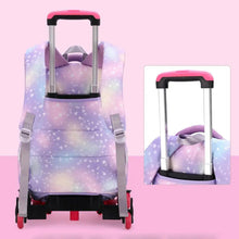 Purple galaxy trolley school bag, rear view with harness straps and caster wheels