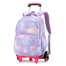 Purple galaxy trolley school bag with 6 wheels, front zip pocket, carry handle