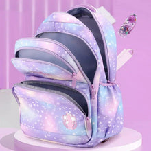 Purple galaxy school trolley bag with front zip pocket and heart emblem