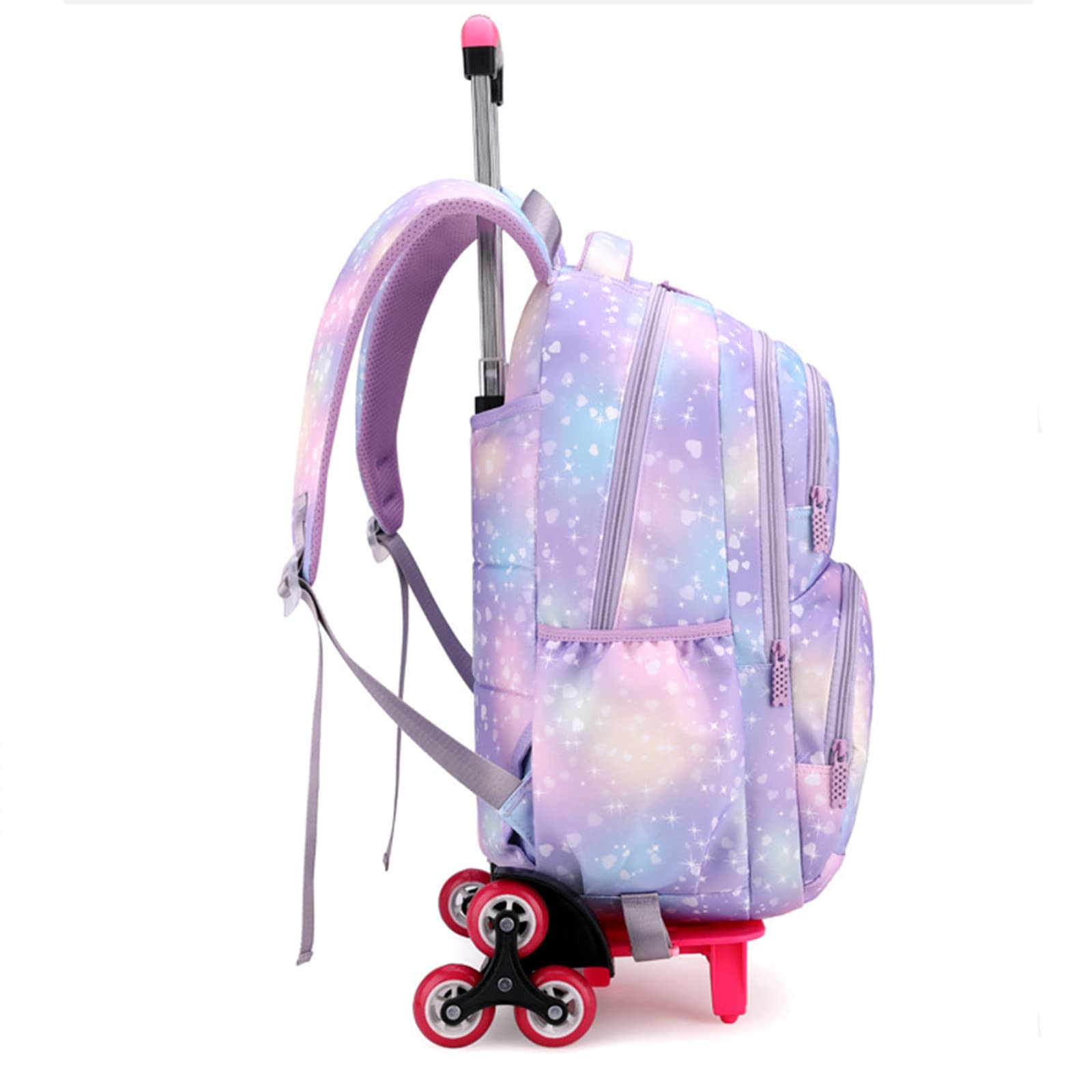 Huitich galaxy print trolley school bag in purple with pink wheels and multiple storage pockets