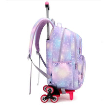 Purple galaxy trolley school bag with side harness straps and red caster wheels
