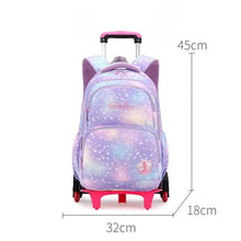 Purple galaxy trolley school bag front view with top handle and red caster wheels