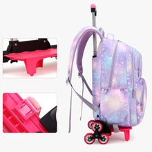 Purple galaxy trolley school bag with extended handle and red caster wheels