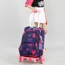 Kids trolley backpack with pink base wheels and purple/pink diamond geometric pattern