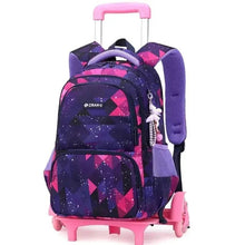 Kids trolley backpack with purple and pink diamond geometric pattern, rolling wheels