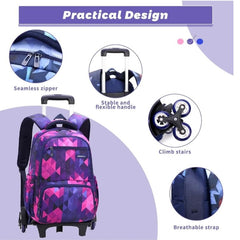 Huitich diamond pattern kids trolley backpack with seamless zipper, flexible handle, stair-climbing wheels, and breathable strap
