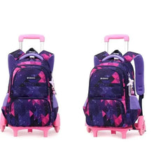 Kids trolley backpack, front view, purple-and-pink diamond geometric design with wheels
