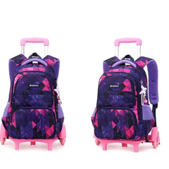 Huitich diamond pattern kids trolley backpack in purple and pink with multiple compartments and wheels