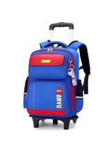 Kids 2-wheel trolley backpack, blue with red front pocket and yellow badge