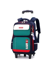 Kids 2-wheel trolley backpack, teal and navy with white pocket and red trim