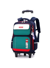 Huitich kids trolley backpack with wheels in navy and teal with adjustable straps and front pocket