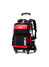 Kids 2-wheel trolley backpack, black with red front pocket and yellow label
